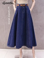 qooth high waisted elegant long skirts with belt plus size retro denim skirt korean fashion vintage maxi pleated skirt qt1263