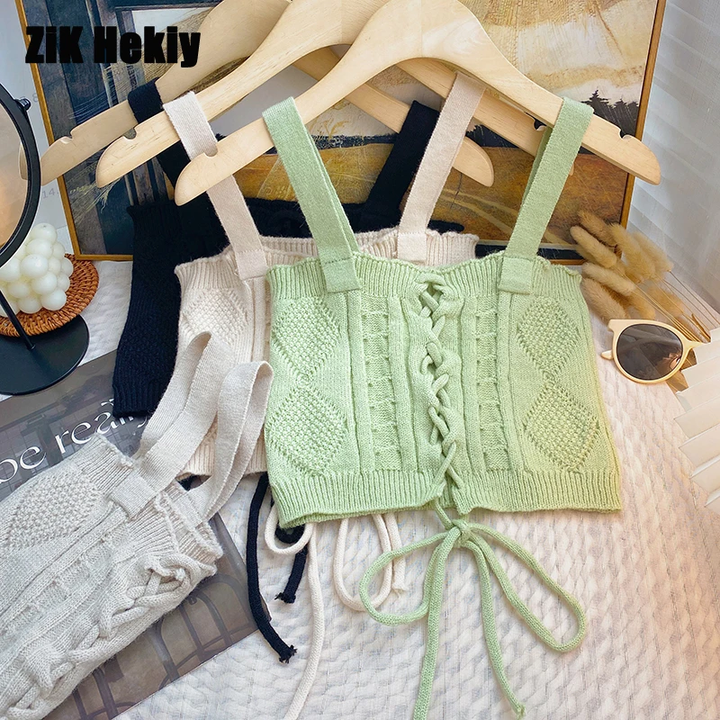 

Zik Hekiy Solid Color Sexy Short Knitted Beauty Back Women Inner New Summer Drawstring Outer Camisole Top