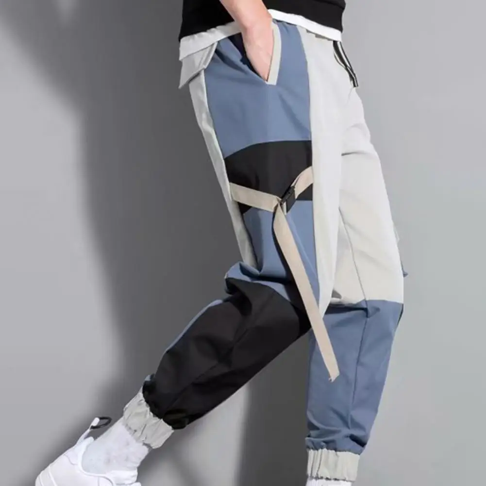 

Great Letter Print Soft Fabric Contrast Colors Ankle-banded Elastic Waist Jogger Trousers Summer Cargo Pants Strap Decor