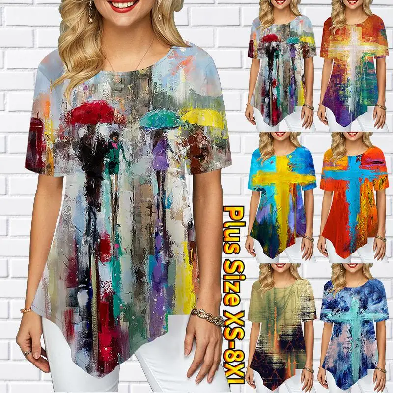 

Женские футболки большого размера с цветным перекрестным принтом, Свободные повседневные топы, Женская Асимметричная летняя винтажная одежда в стиле Харадзюку