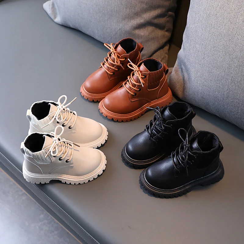 

Autumn Winter Boys' Bright Leather Front Lace Up Single Girls' Low Barrel Solid Soft Sole Anti Slip Snow Boots