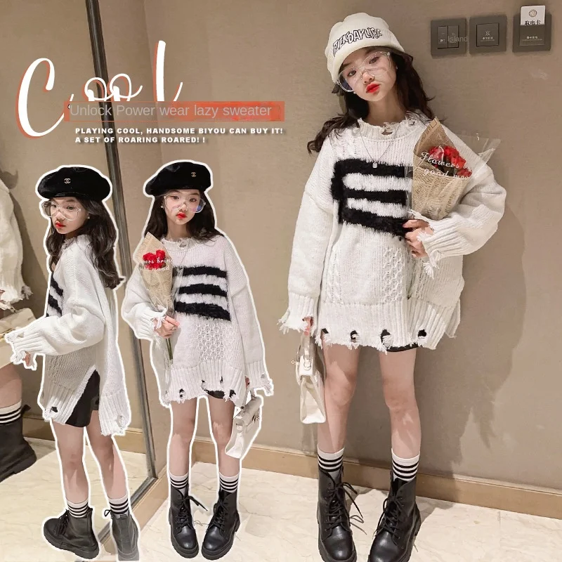 

Lazy Sweater Girls' Long 2022 New Children's Knitwear Winter Girls' Western Pullover