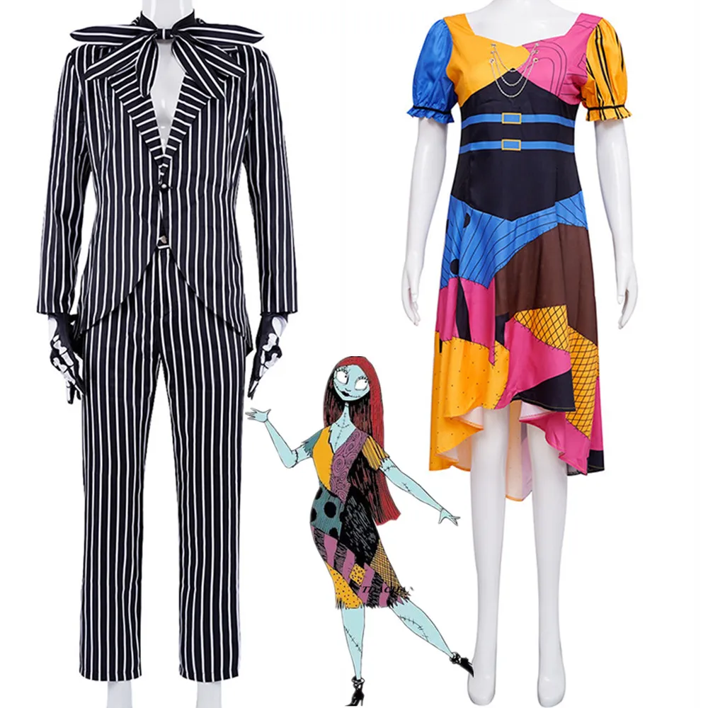 

Костюм для косплея Джека Салли из фильма, мужские наряды с узором зебры, женское платье для Хэллоуина, рождественской вечеринки, костюм для ...