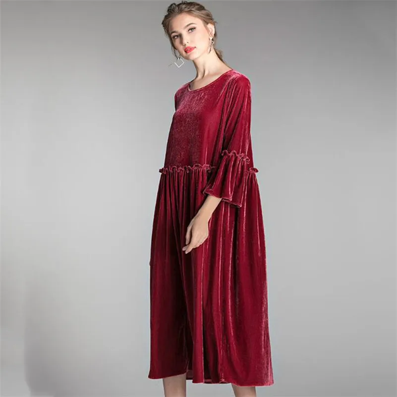 Spring Elegant Wrist Sleeve Women Autumn Long Dress sweet O-Neck Ruffles Casual Loose  Party Dress Vintage Maxi Dress Large Size