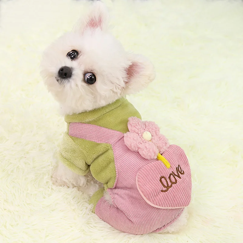 Dog Fleece Jumpsuit Fake Two Piece Pet Clothes for Small Dogs Flowers and Hearts Warm Overall Coat for Puppies Teddy Bichon York