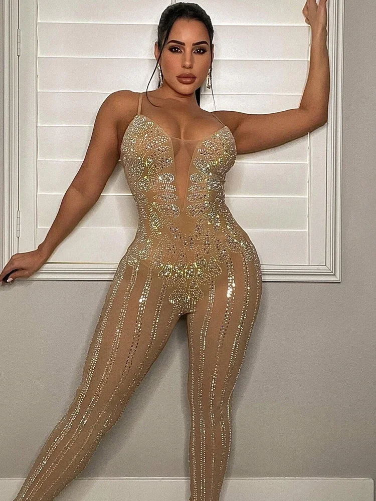 Neeleywall Sparkle Crystal Jumpsuits Womens Rompers Glam Sheer Mesh Patchwork Sequins Skinny Jumpsuits Birthday Outfits Clubwear
