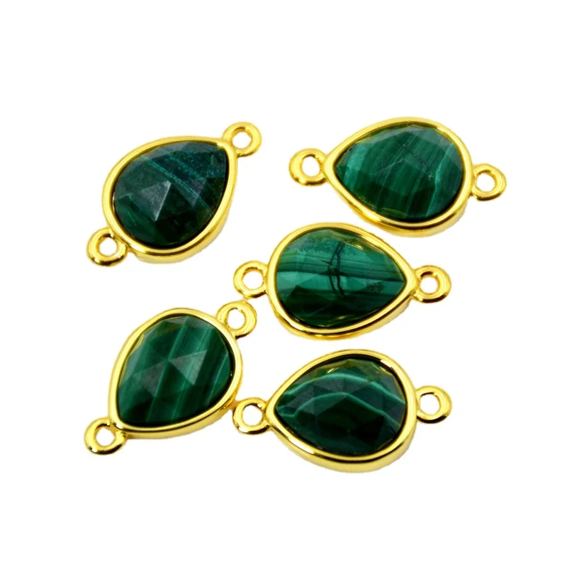 

Faceted Malachite Green Teardrop Pear Shape Gemstone Connector Really Gold Plating Setting Jewelry Charms Double Bail Pendant