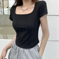 yingdingst summer casual short sleeve women t shirt solid y2k style square collar tees female streetwear crop top t shirt women