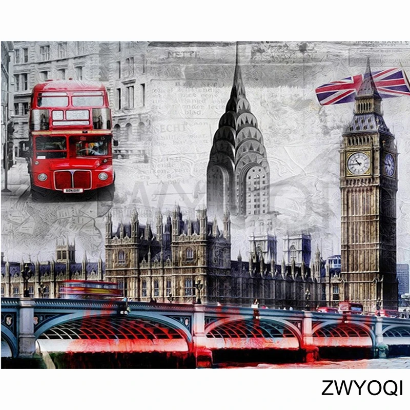 Английская фраза описывает товар или проект, связанный с алмазной живописью (diamond painting), крестиным стежком (cross stitch) и изображением часовой башни (clock tower), полным квадратным вышивкам (full square embroidery), мостами (bridge), зданиями (e