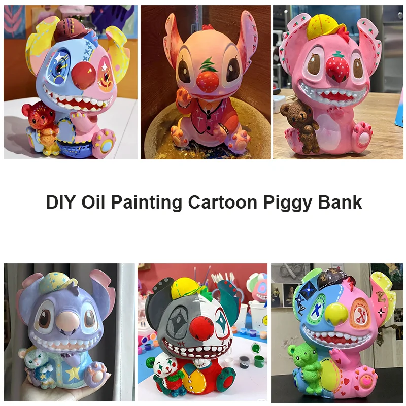 

Disney Stitch Cartoon Piggy Bank DIY Oil Painting Shatterproof Money Box Anime Figure Desktop Ornaments Model Children Kids Gift