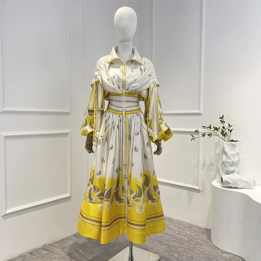 

2023 Spring Summer Top Quality New Yellow Sailboat Printing Blouse Midi Skirt Matching Set Women