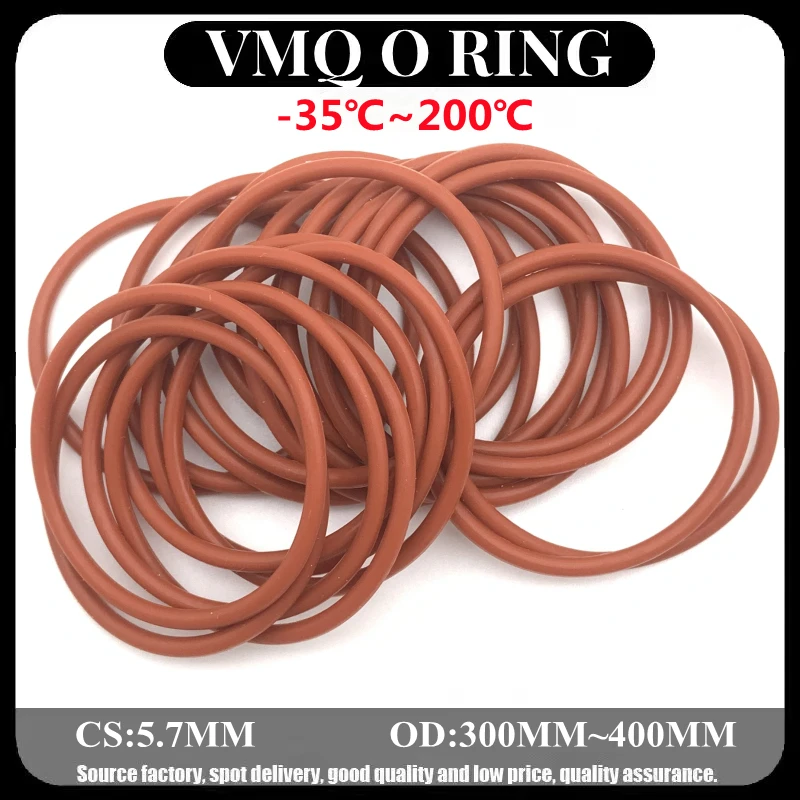 

5pcs Red VMQ Silicone O Ring CS 5.7mm OD 300 ~ 400mm FoodGrade Waterproof Washer Rubber Insulated Round Shape Seal Gasket