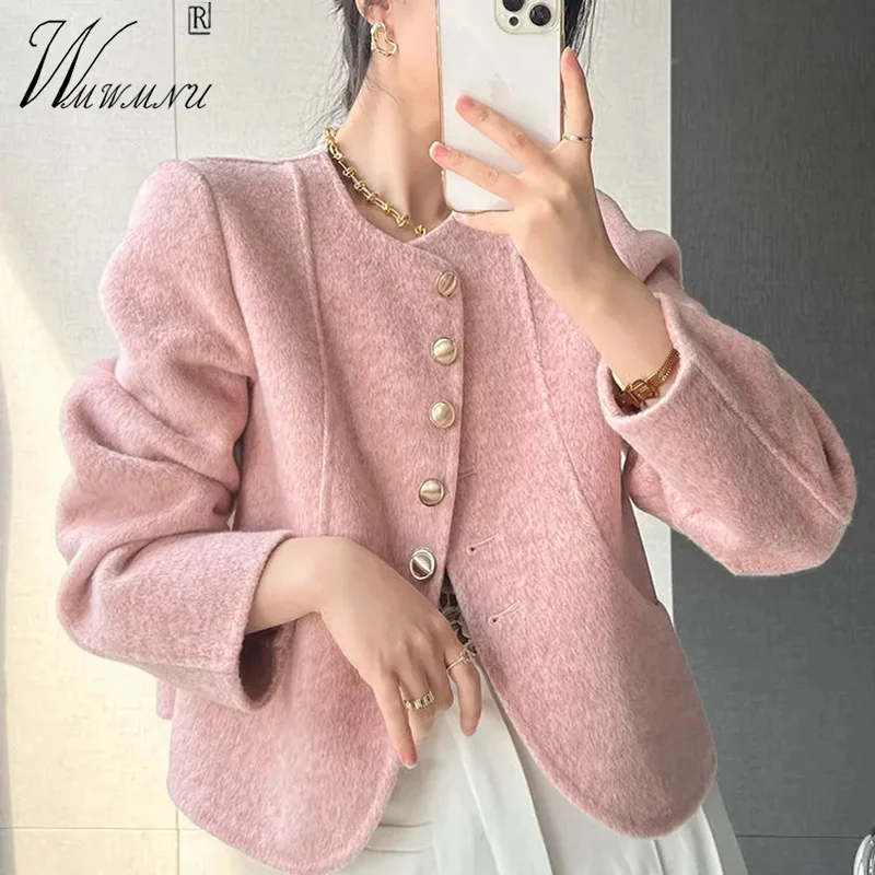 

Luxury Short Wool & Blends Coats Women Fall Design Pink Woolen Jackets O Collar Elegant Chaquetas Single Breasted Abrigo Mujer