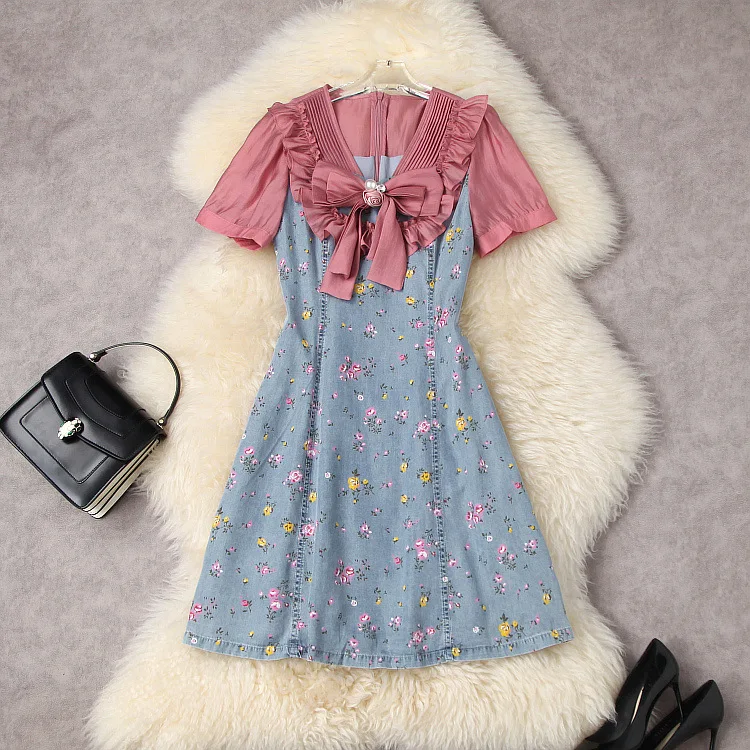 

European and American Women's Summer 2022 New Short Sleeve Bow V Collar Patchwork Denim Print Fashionable Slim Dress Sexy Dress