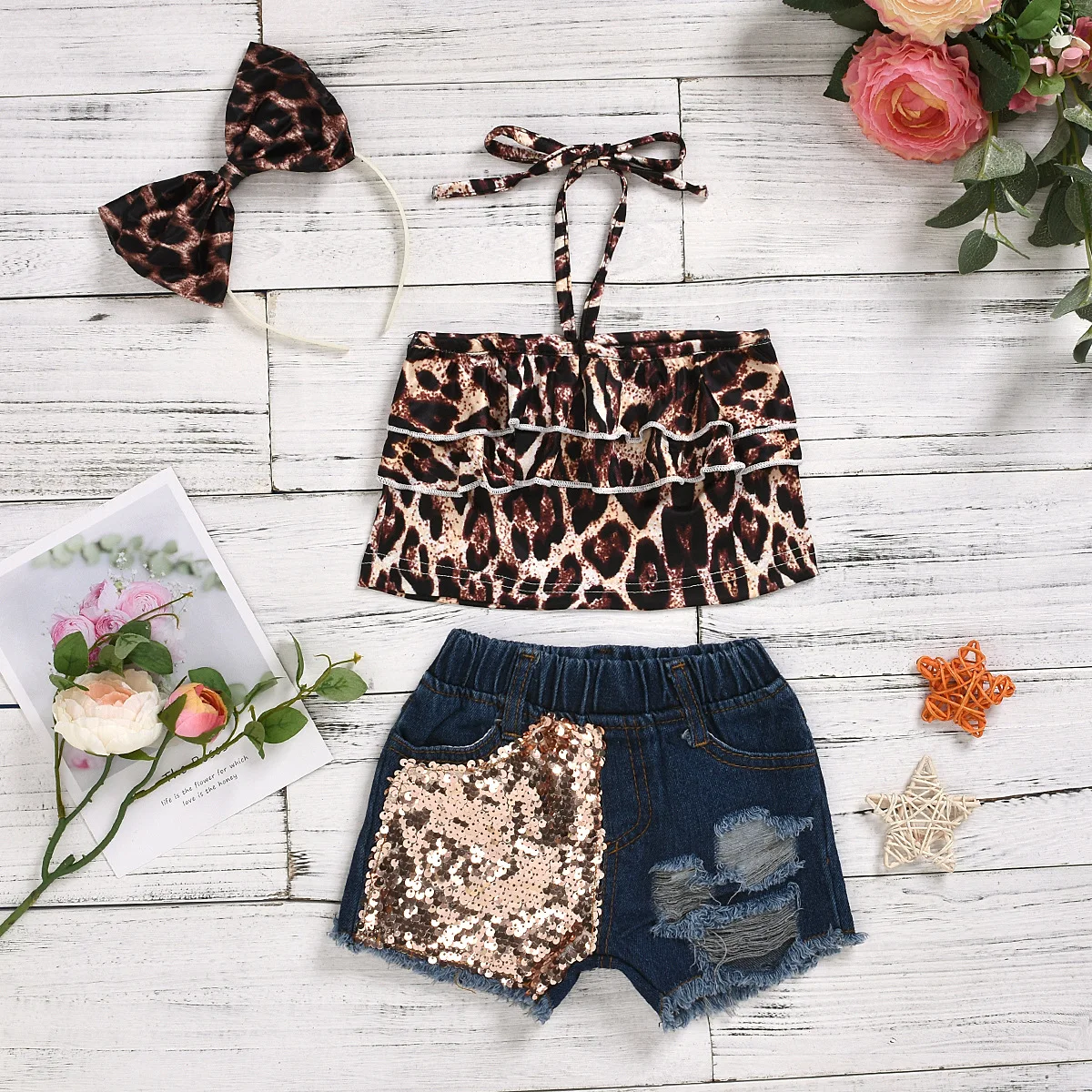 

Kids Girl Top Shorts 3Pcs Suit Leopard Sleeveless Vest Crop Blue Sequin Jeans Side Pockets Headband Fashion Outfits Clothing