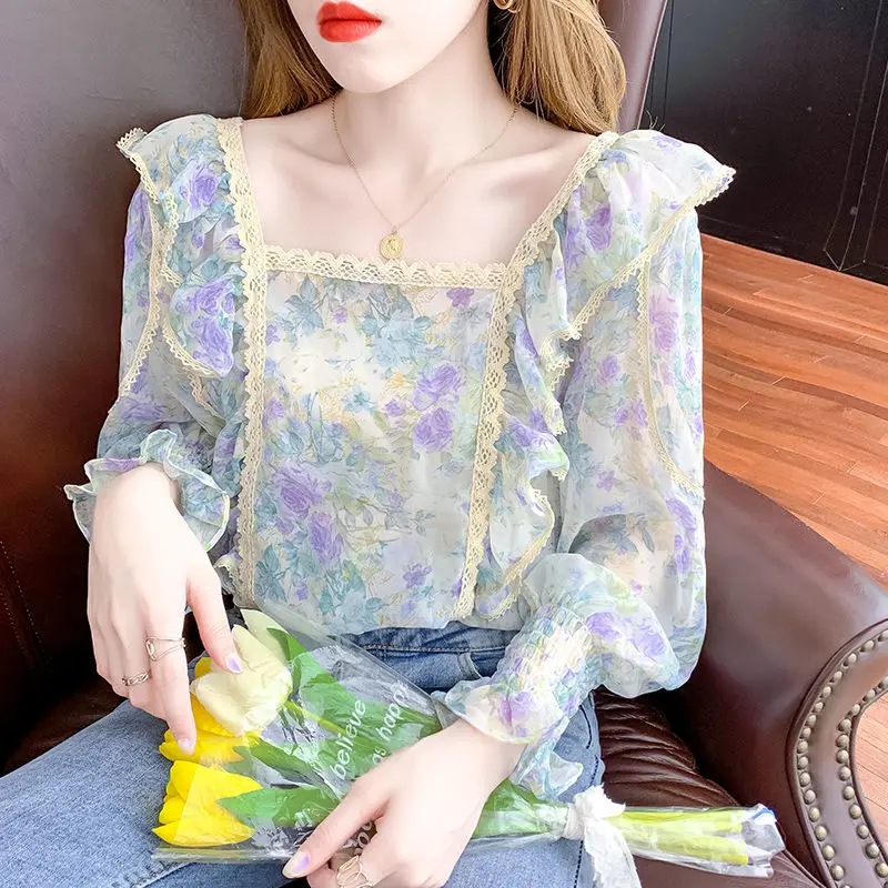 

Blouses Women Print Squar Collar COlor Single Breasted Poplin Shirts Office Lady Long Sleeve Blouse Roupas Chic Chemise Tops