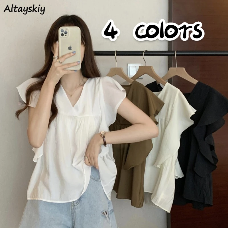 

Ruffles Flying Sleeve Blouses for Women V-neck Aesthetic Baggy Sweet 2022 Summer Elegant Cute Korean Style Retro Harajuku New