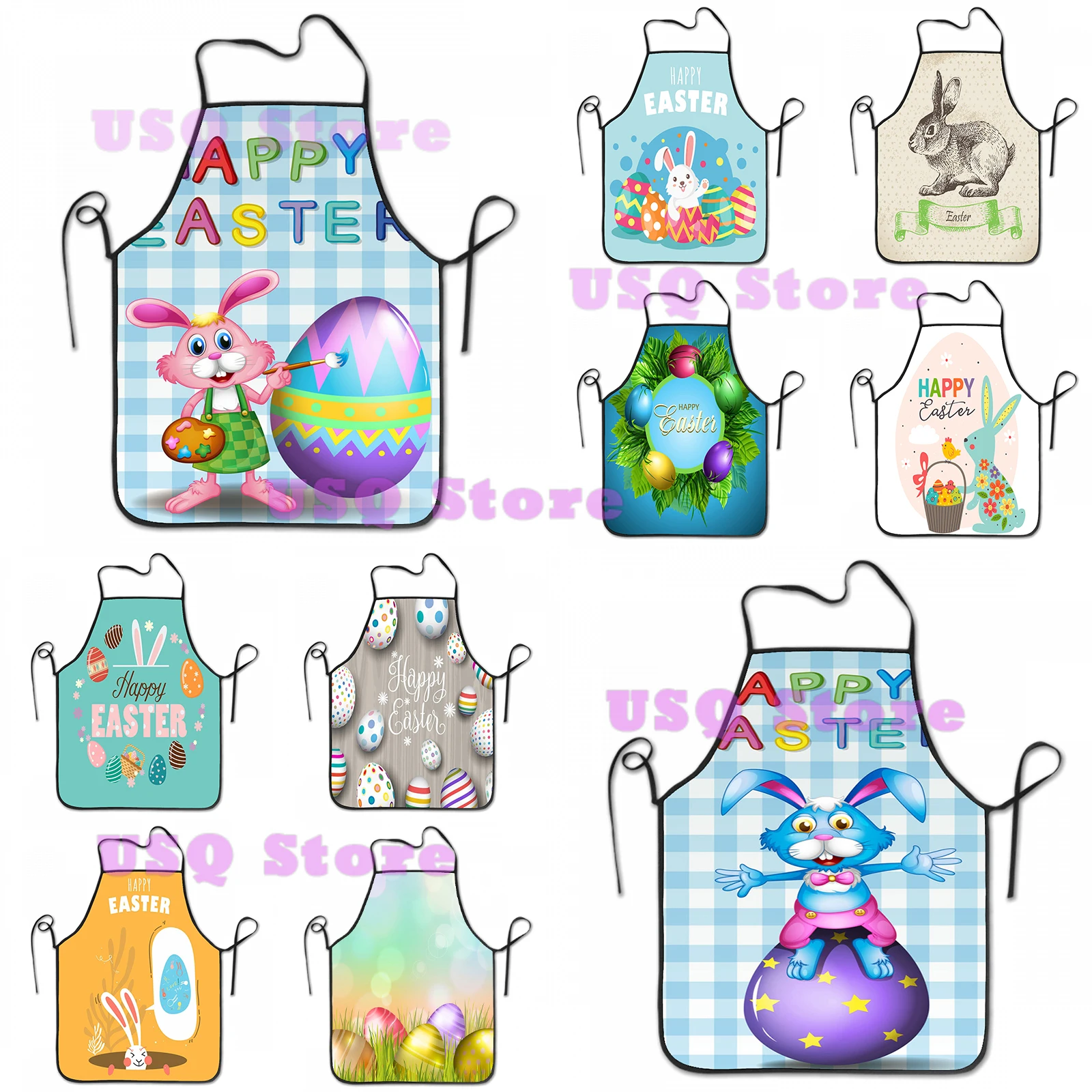 

Фартук в стиле ретро с цветными яйцами и кроликами, цветочный венок, Апрельский винтажный Графический кухонный комбинезон унисекс для приг...