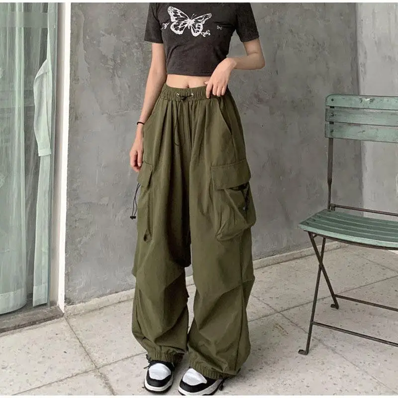 

Summer Vintage Casual Cargo Pants Women Streetwear Pleated Drawstring Loose Wide Leg Straight Trousers Fashion Ladies Sweatpants