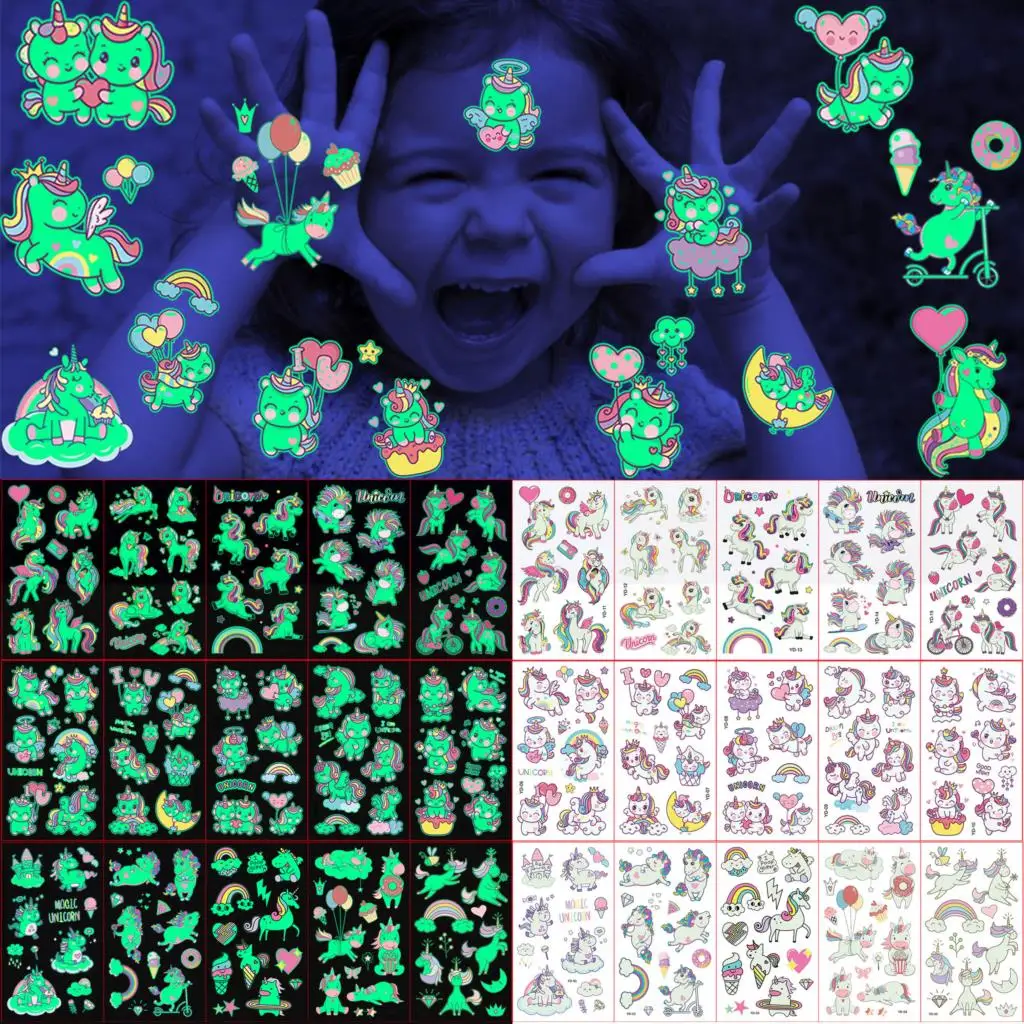 

5PC Glow In Dark Unicorn Temporary Tattoos For Girls Teens Luminous Star Moon Fake Tattoo Sticker Child Face Rainbow Tatoos DIY