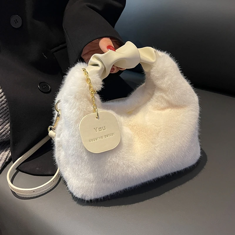 

New Luxury Furry Plush Women's Plicated Top Handle Crossbody Handbag Totes Wristlet Shoulder Bags Woman Purse Messenger Hobo Bag