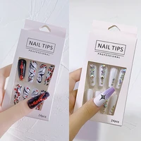 24pcs acrylic false fake nail art tips set with glue sticker rhinestone design press on nails manicure accessories supplies tool
