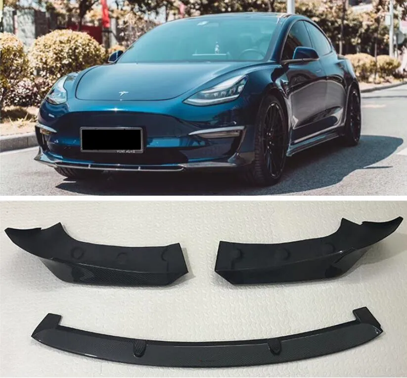 

3PCS/SET REAL CARBON FIBER FRONT BUMPER SPOILER LIP SPLITTERS WIND KNFE COVER For Tesla Model 3 2017 2018 2019 2020 2021 2022