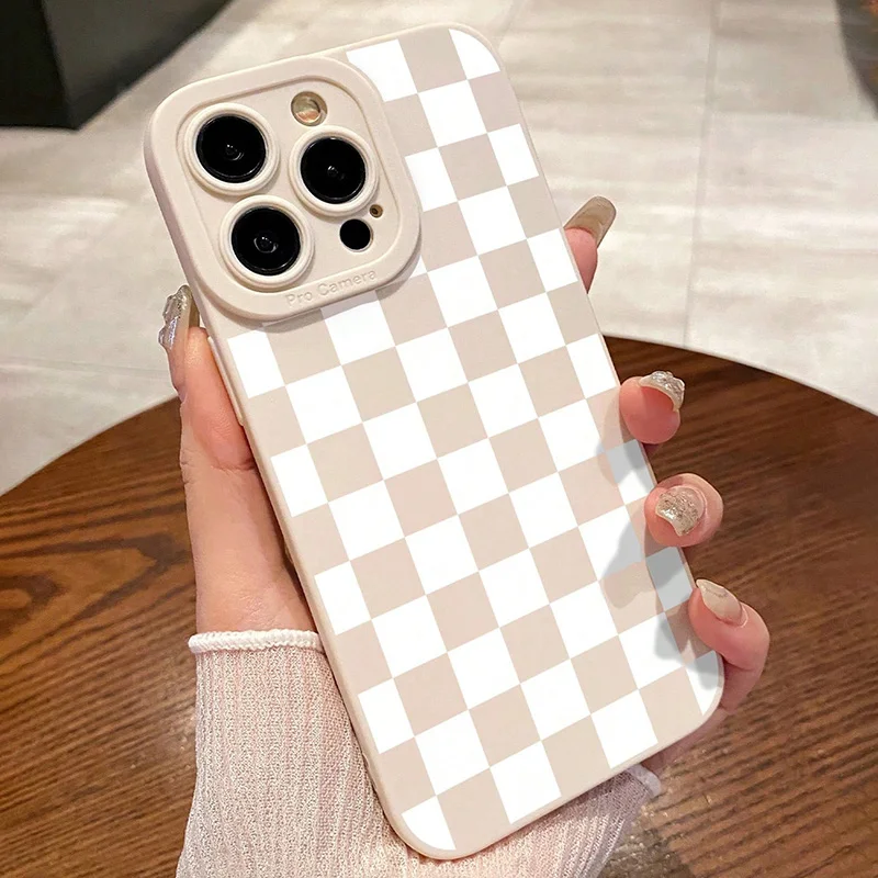 Фото Матовый чехол для телефона с узором в клетку молочно-белого цвета для iPhone 17 16 15 14 13 12 11 Pro Max XS X XR 7 8 Plus 16E Air SE 2020 №2