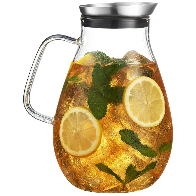 

2500Ml Glass Pitcher With Lid Beautiful Lightweight Beverage Jug Carafe With Handle Great For Cold & Hot Drinks