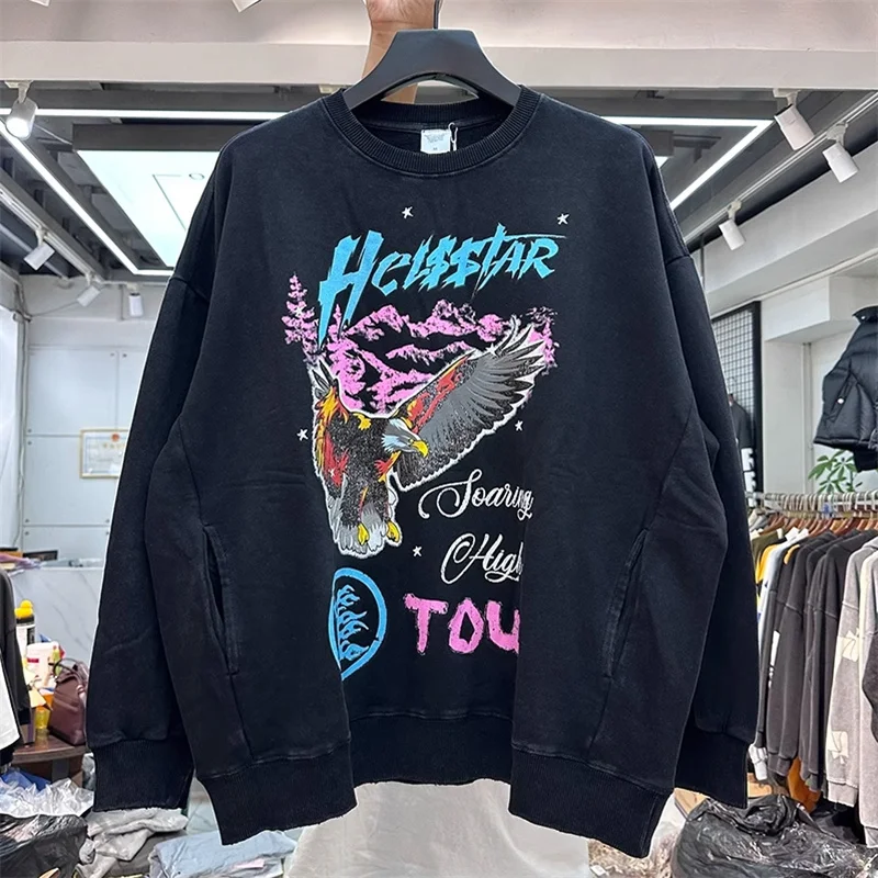 

Толстовки 2023fw вареные Hellstar Tour для мужчин и женщин, ретро изношенная свободная толстовка с капюшоном, Летающий орел, пуловер в стиле хип-хоп