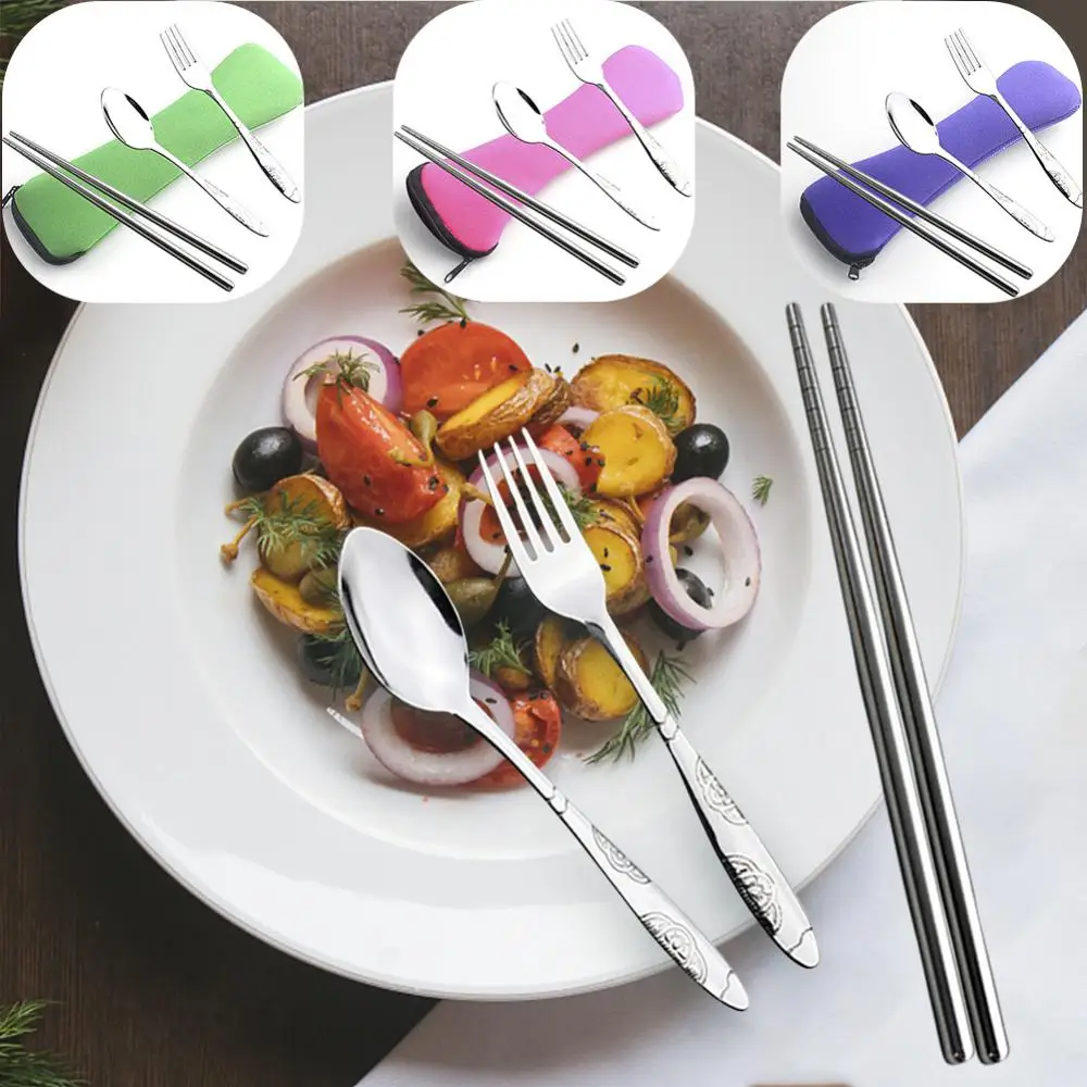 

Stainless Steel Dinner Tableware Set New Cutlery Chopsticks Fork Spoon Dinnerware Set with Storage Bag Household Dinner Tools