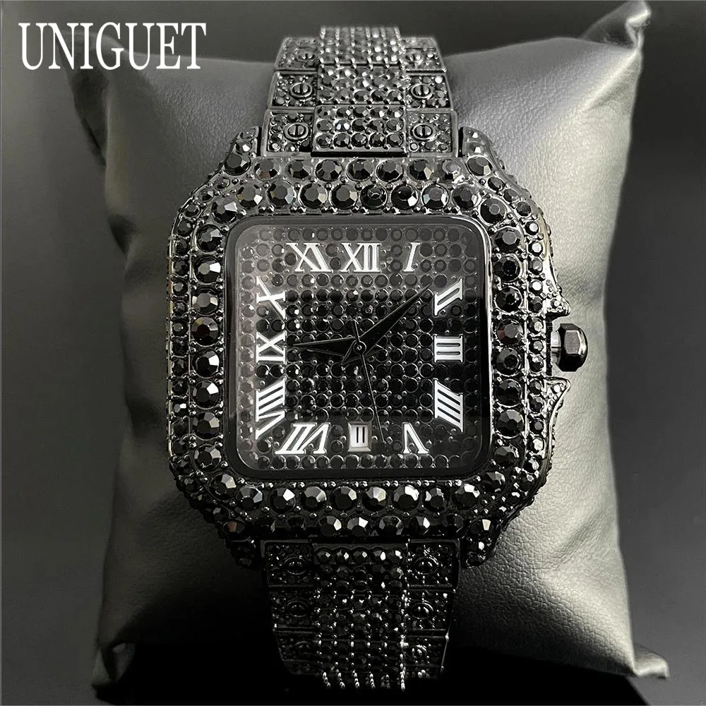 Фото UNIGUET модные мужские часы со льдом, роскошные квадратные кварцевые часы из нержавеющей стали, мужские наручные часы в стиле хип-хоп с черными бриллиантами Reloj Hombre №1