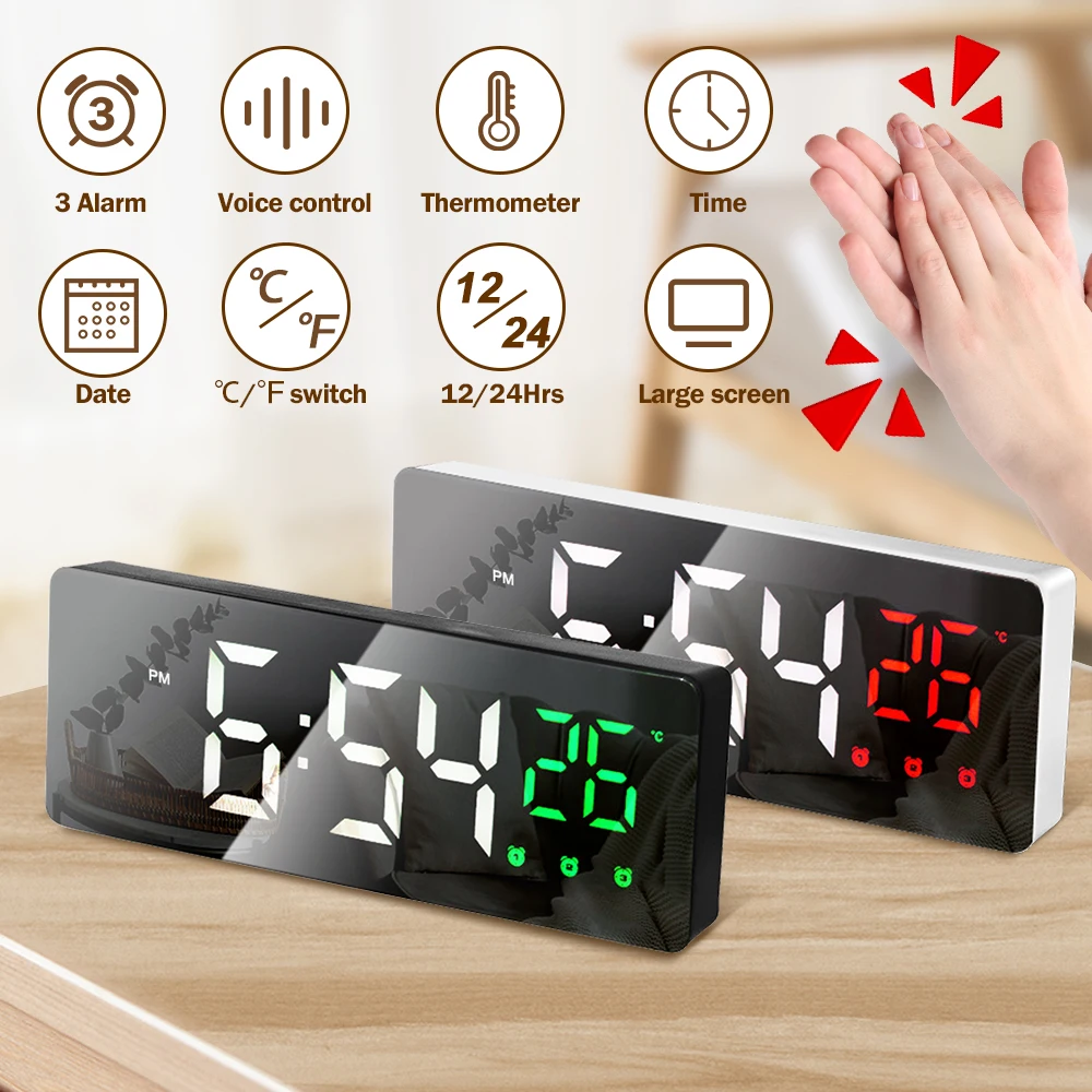 

Digital Alarm Clock Voice Control Teperature Snooze Night Mode Desktop Table Clock 12/24H Anti-disturb Funtion LED Clocks Watch