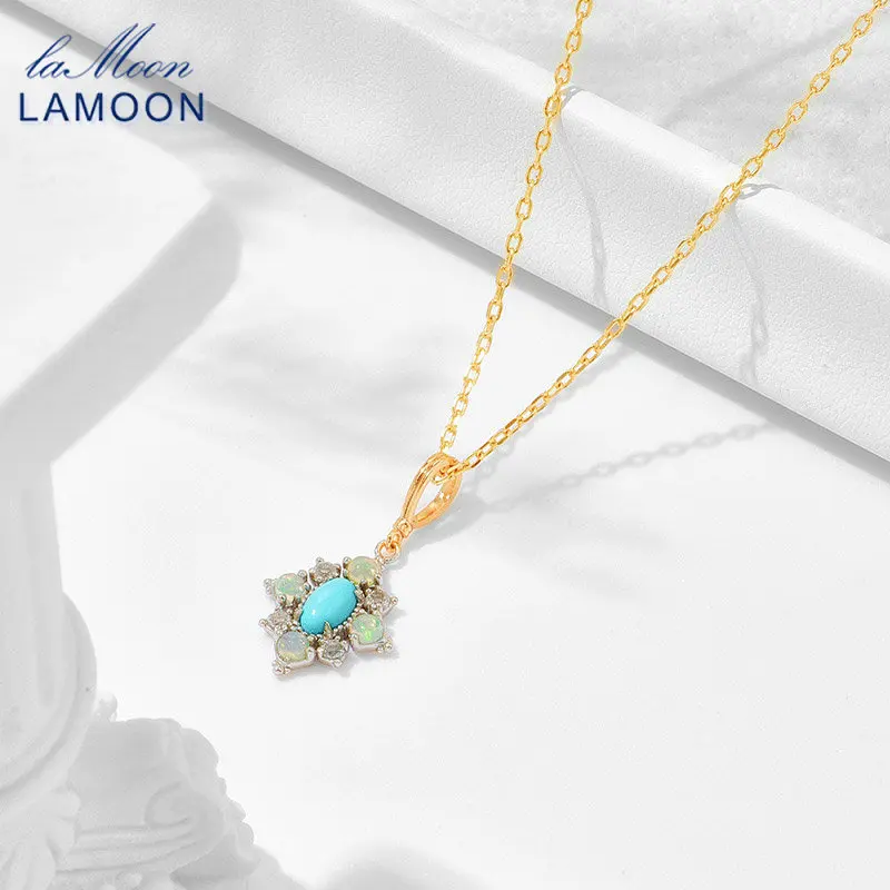 

LAMOON Natural Opal Topaz Turquoise Necklace For Women Vintage Gemstone Pendant 925 Sterling Silver Gold Plated Luxury Jewelry