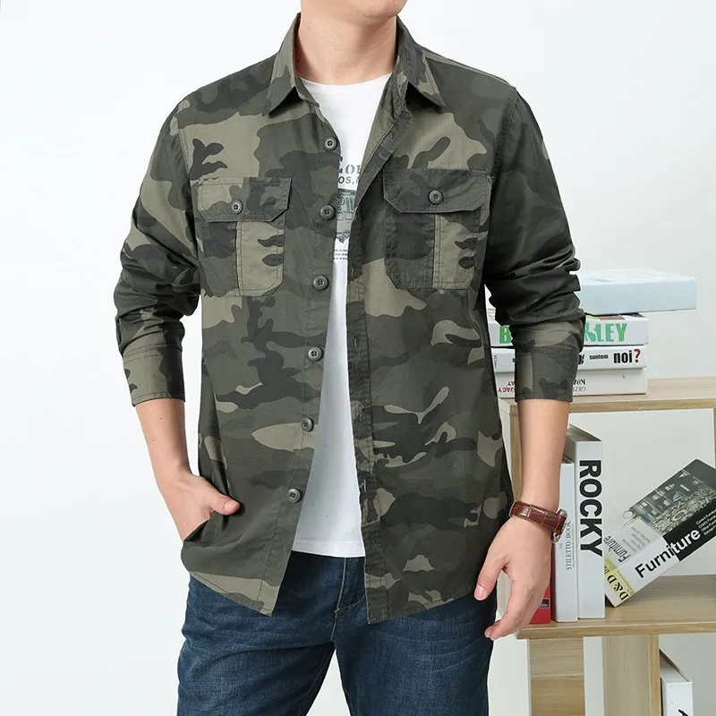 

High Quality Spring And Autumn Pure Cotton Men's Shirt Long Sleeved Workwear Loose Outdoor Camo Hiking Jacket Mid-Length