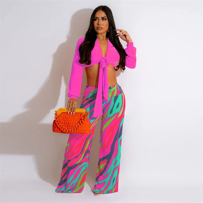 

Укороченный топ с бантом Znaiml и широкие брюки для женщин, комплект из двух предметов с эстетичным принтом, сексуальная одежда для вечеринки на день рождения, клуба, пляжа