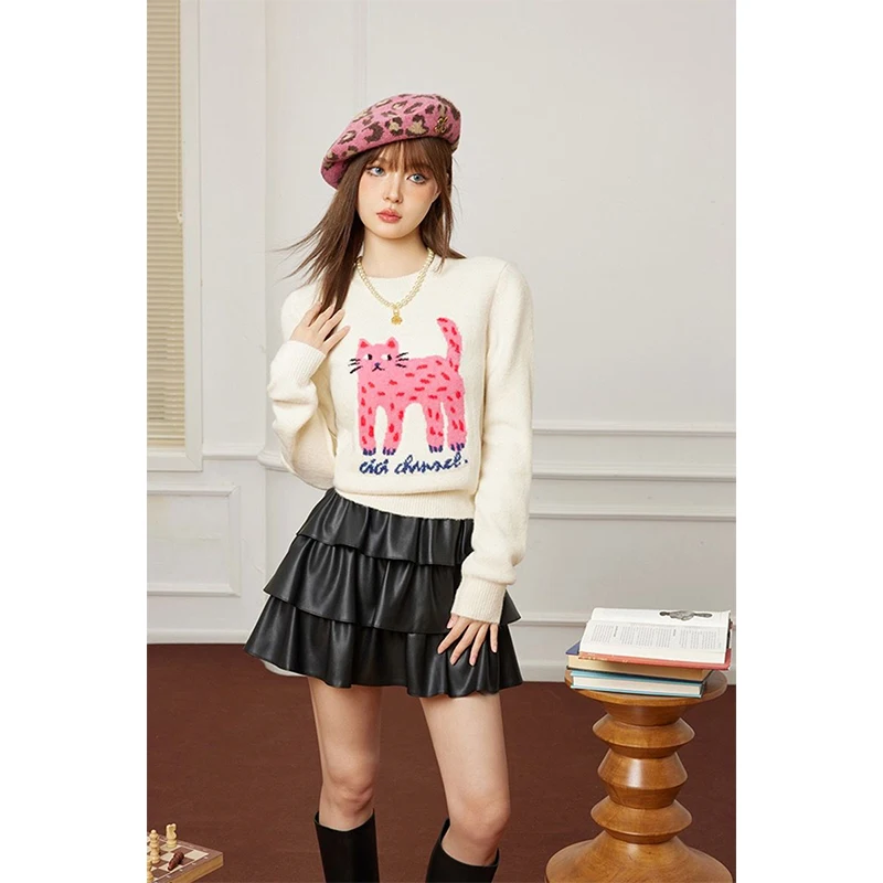 Y2K Cropped Sweater Women Harajuku Cartoon Cat Knitted Pullovers Winter Kawaii Print Long Sleeve Knitwear Korean Slim Jumpers