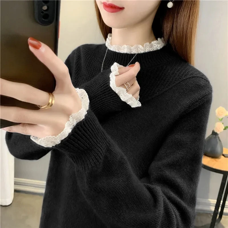 Свитер с кружевным воротником женская рубашка на весну и осень топ новинка 2024