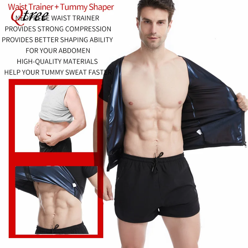 Men Sauna Vest Polymer Sweat Slimming Weight Loss Sauna Suit Tank Top Zipper Body Shaper Shirt Workout Waist Trainer Fat Burning