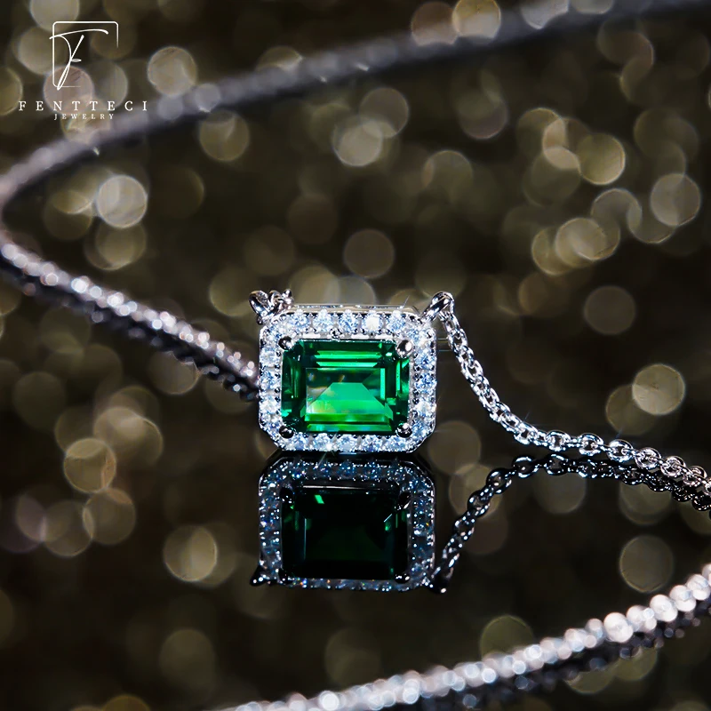 FENTTECI 925 Sterling Silver Vintage Emerald Necklace Female Court Style Clavicle Chain Square Emerald Pendant Fine Jewelry Set