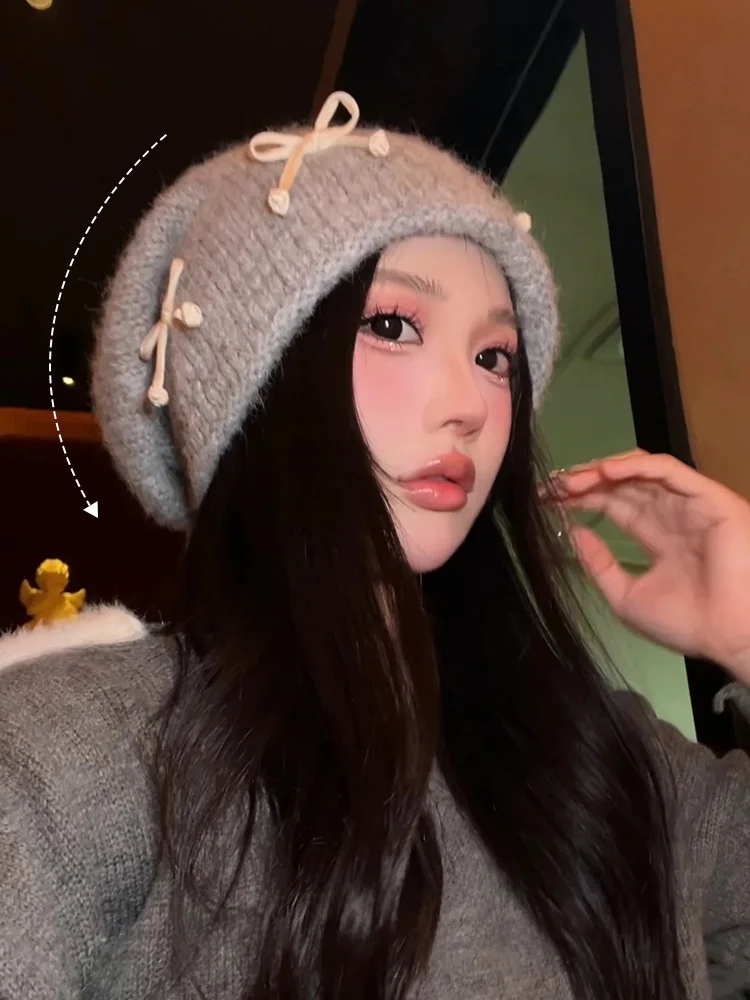 Осенне-зимняя вязаная шапка с ворсом женская японская модная нежная рукавами для