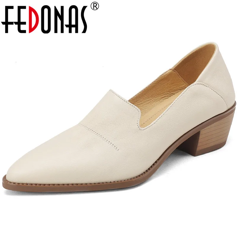 

Женские туфли-лодочки с острым носком FEDONAS, черные туфли из натуральной кожи на толстых каблуках, обувь для офиса на весну-лето 2023