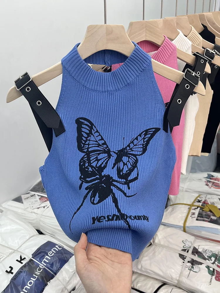 

Женский трикотажный укороченный топ без рукавов, с графическим принтом