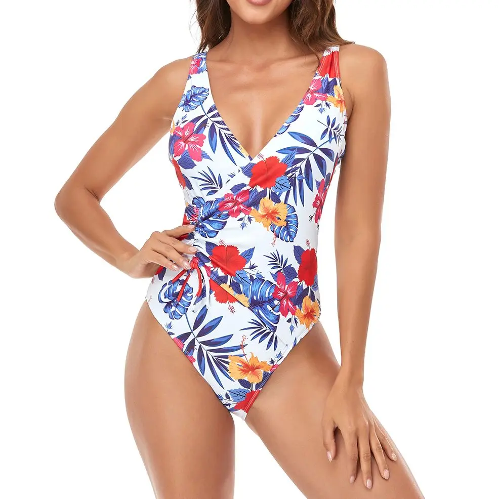 

Women One Piece Sexy Swimsuit Deep V Vintage Monokini Padded Floral Print Beach Wear Bodysuit 2022 New Bathing Suit Maillot