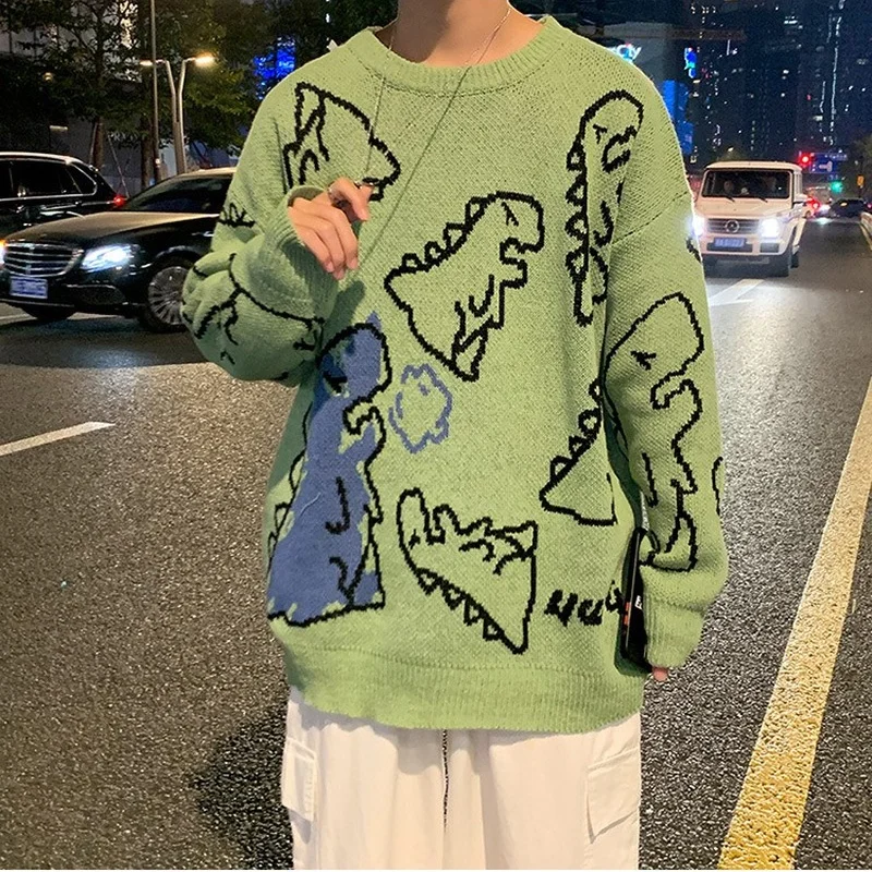 

O-Neck Long Sleeve Women's Oversize Cute Green Sweater Solid Dinosaur Knitted Pullover Female Knitwaer 2022 Autumn Winter