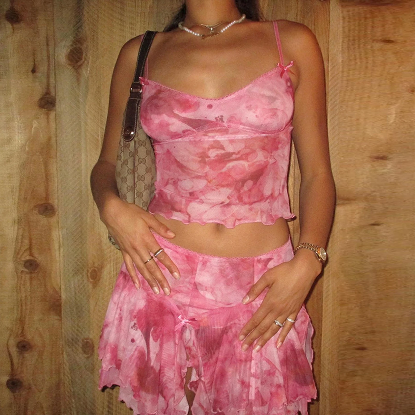 

Women Sling Crop Top and Skirt Two-piece Y2k Tie dyeing Tank Tops Mini Skirts Mesh Sexy Ruffles Sleeveless Slim Summer Dress Set