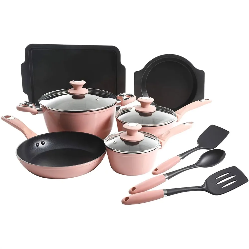 

Oster 12 Piece Dusty Rose Aluminum Non Stick Home Frying Pot & Pan Cookware Set