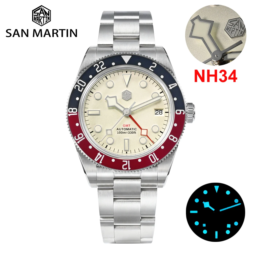 

San Martin 2023 New Men‘s Luxury GMT NH34 Automatic Mechanical Watch Bidirectional Aluminum Bezel Sapphire Dive Clock Waterproof