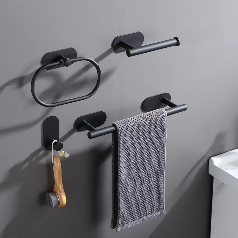 

No Drilling Black Bathroom Accessories Sets Toilet Tissue Roll Paper Holder Towel Rack Bar Rail Ring Robe Clothes Hook Hardware