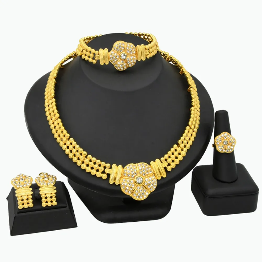 

Bohemia Gold Color Crystal Flower Earings Sets For Women Earring Necklace Bracelet Ring Nigeria Bridal Wedding Party Gift